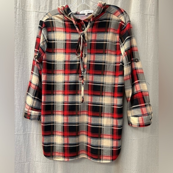 Eden & Olivia / Plaid Hooded/ sleeves roll up to button/ buttons on sides/size S - Picture 1 of 11